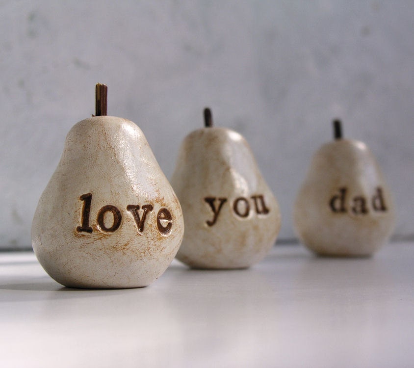 Fathers Day gift for dad ... love you dad ...Three handmade decorative polymer clay pears ... 3 Word Pears, white