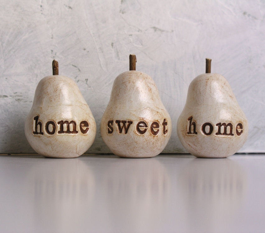 Housewarming gift ... home sweet home ...Three handmade decorative polymer clay pears ... 3 Word Pears, white