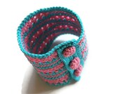 Cuff Handmade Crochet f  - Bohomian Chic - Cyan and Magenta, Hippie - READY to Ship
