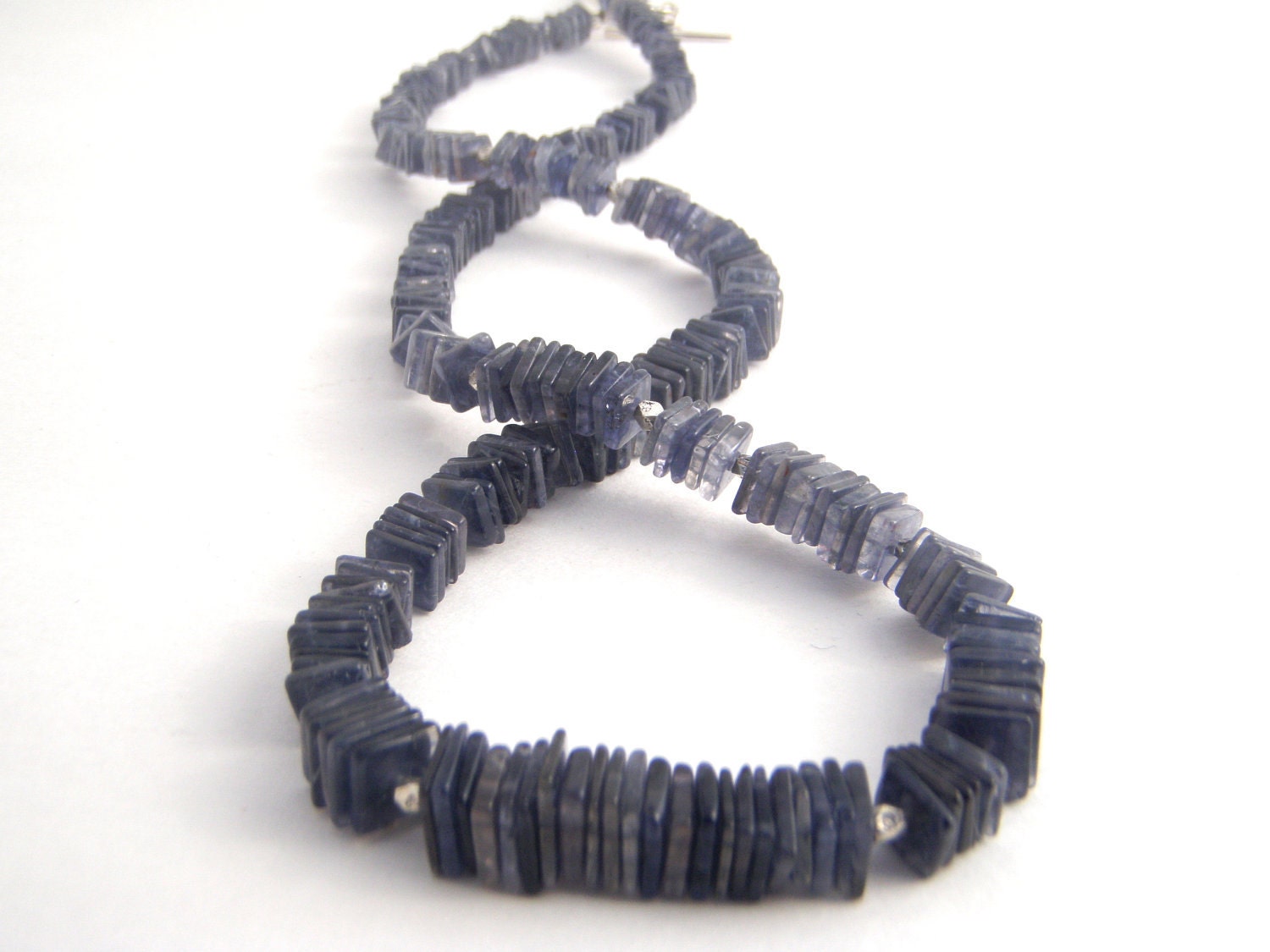 Iolite Strand Necklace - Modern - Square Beads - Sterling Silver Beads - Denim Blue