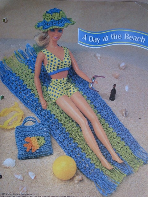 Towel, Floppy Hat and Tote Bag Crochet Pattern -A Day at The Beach- for 11 1/2 inch Fashion Dolls like Barbie