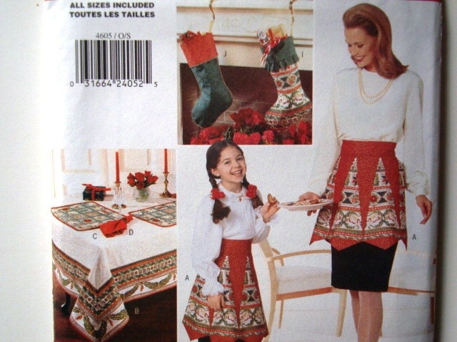 Butterick 4605 VIP Pattern. Apron, Tablecloth, Napkin, Placemat, Pillow, Bolster, Christmas Tree Skirt, Stocking, Bottle Cover. Uncut