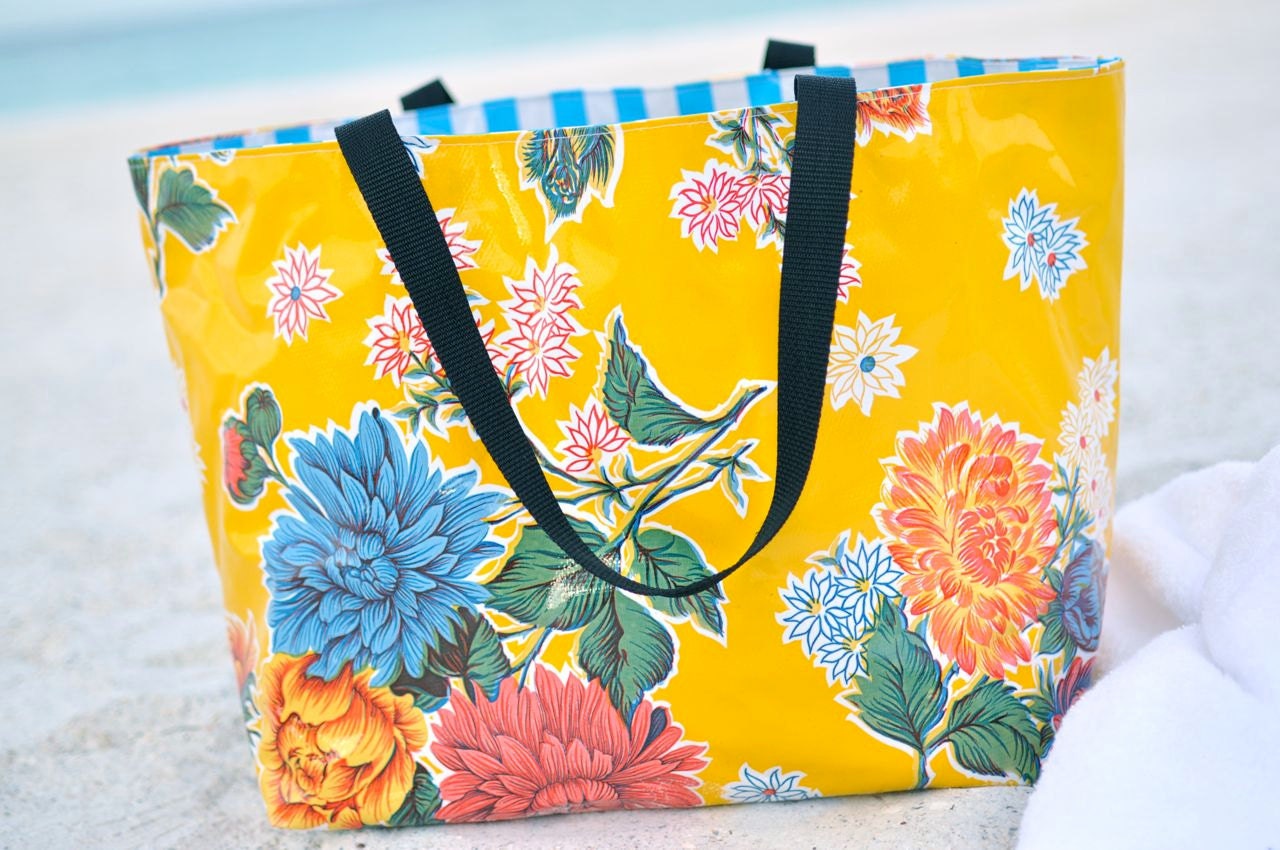 Large Lined Oilcloth Tote Bag Reversible Market Beach Bag
