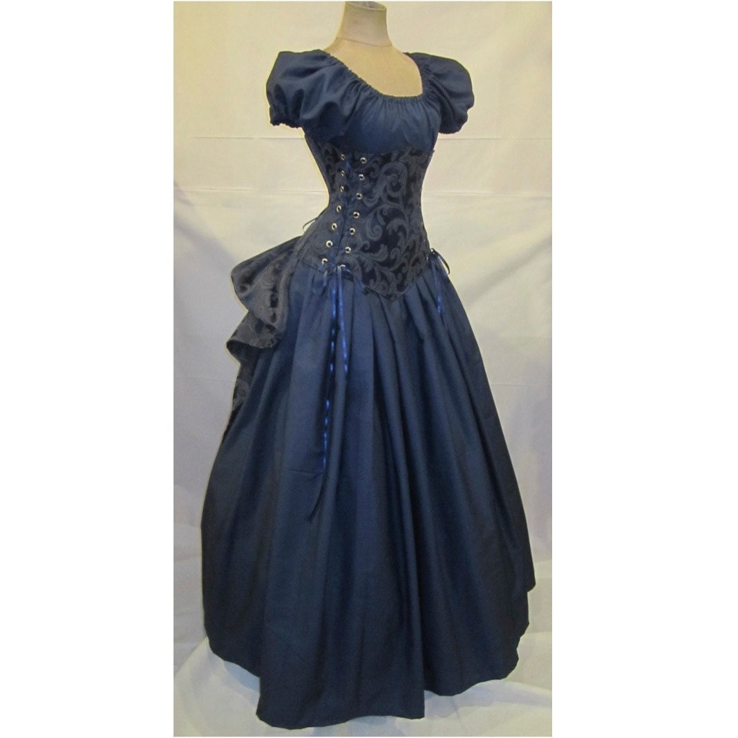 Lady Arabella - Custom Size - Blue Brocade Corset, Puff Sleeve Top, Skirt, and Add-A-Bustle by LoriAnn