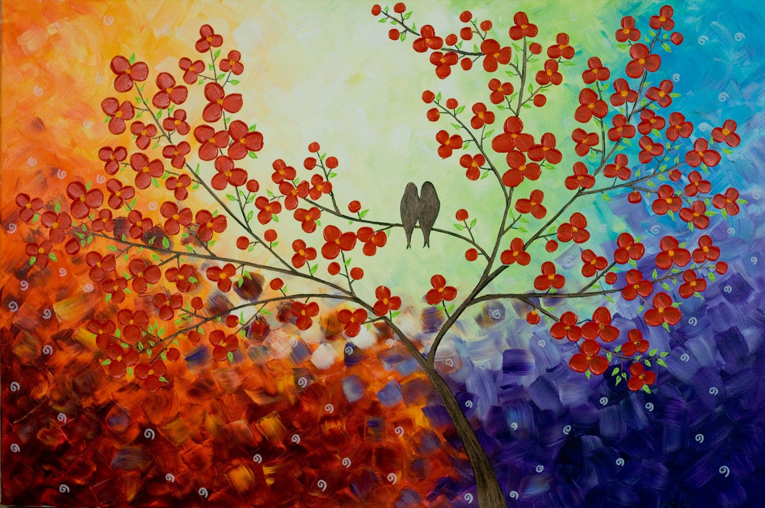 Original Modern Abstract Heavy Texture Palette Knife Impasto Painting Tree Branches Birds Landscape Wall Decor "Over the Rainbow"