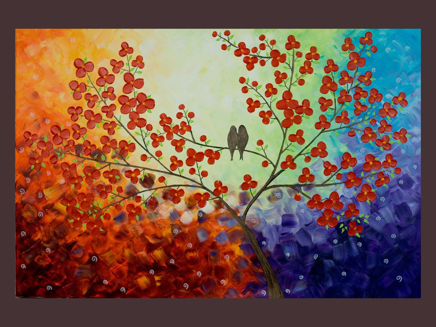 Original Modern Abstract Heavy Texture Palette Knife Impasto Painting Tree Branches Birds Landscape Wall Decor "Over the Rainbow"