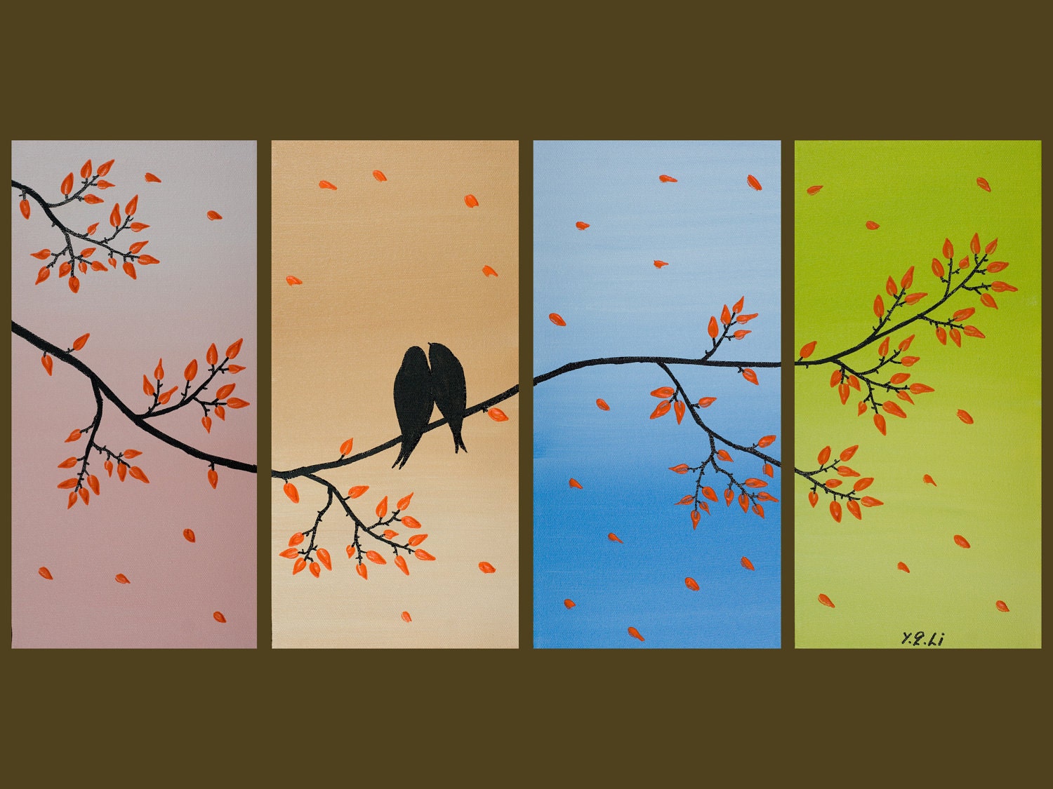 Original Modern Abstract Heavy Texture Impasto Palette Knife Painting Tree Landscape Wall Decor "Love Birds on Branches" by QIQIGALLERY