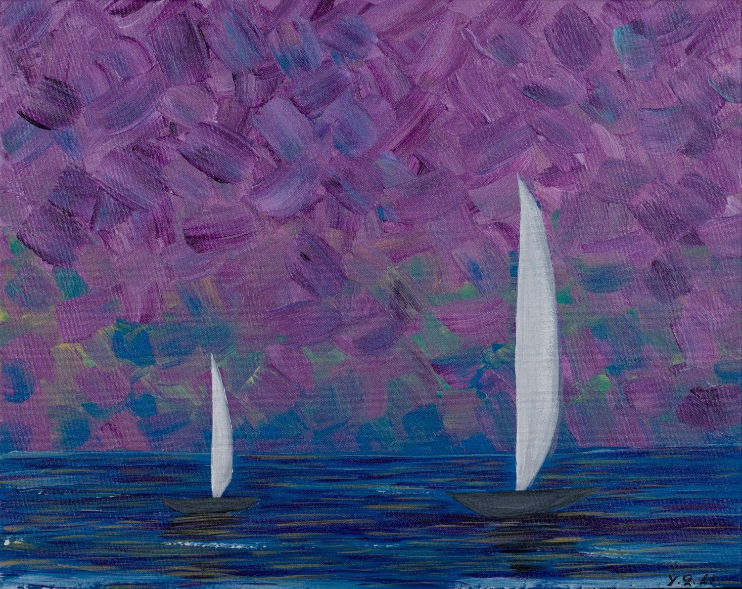 Original Modern Abstract Heavy Texture Impasto Painting Landscape Seascape Wall Decor "Double Sail" by QIQIGALLERY