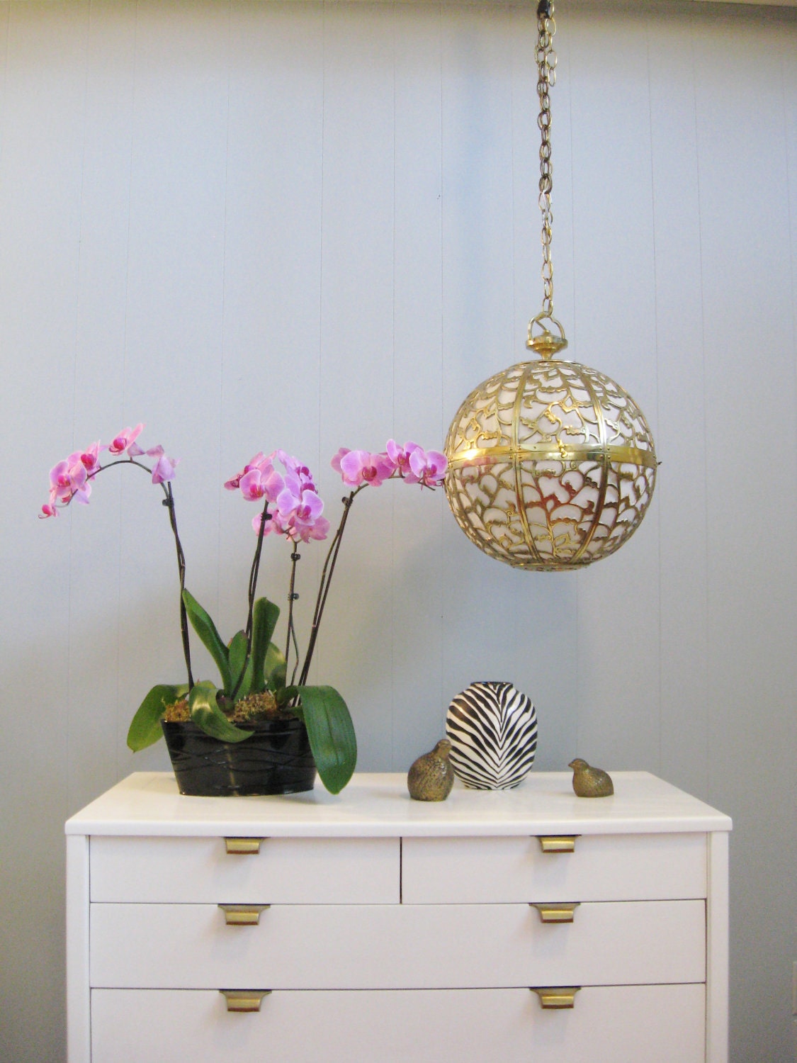 Vintage HOLLYWOOD REGENCY Pierced BRASS Orb Hanging Lamp