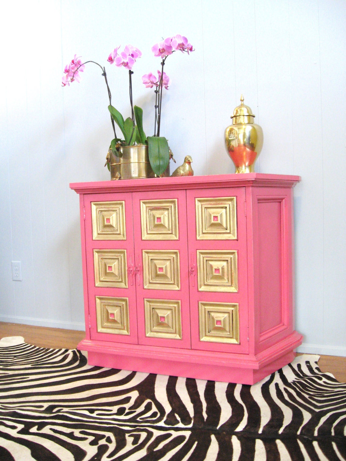 Vintage HOLLYWOOD REGENCY Hot Pink Gold Leaf CREDENZA Cabinet