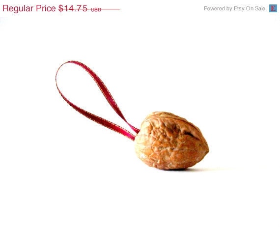 Christmas in July Sale Walnut Ornament w/ burgundy and gold ribbon set of six 6