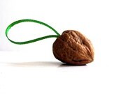 Walnuts with Green ribbon: Set of six Walnut Ornaments