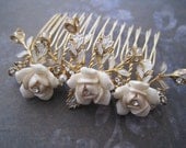 Wedding Hair comb ivory rose gold leaf wire wrapped hair comb