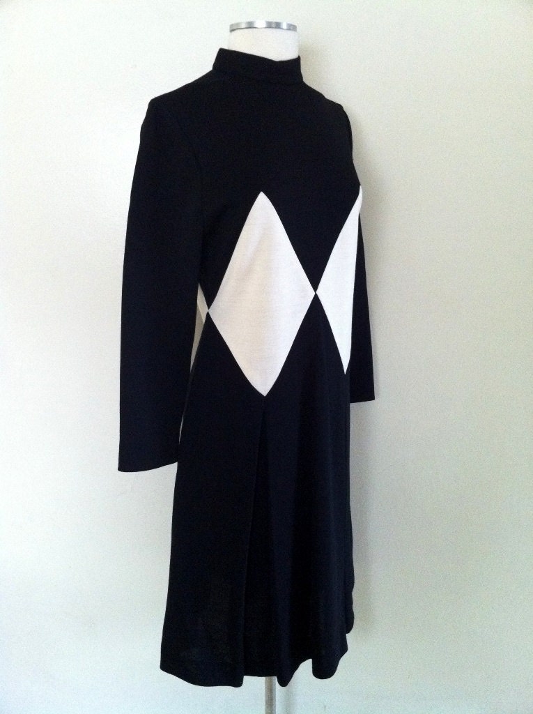 1960's Vintage Black and White Harlequin Color Block Wool Italian Knit Mod Dress Medium