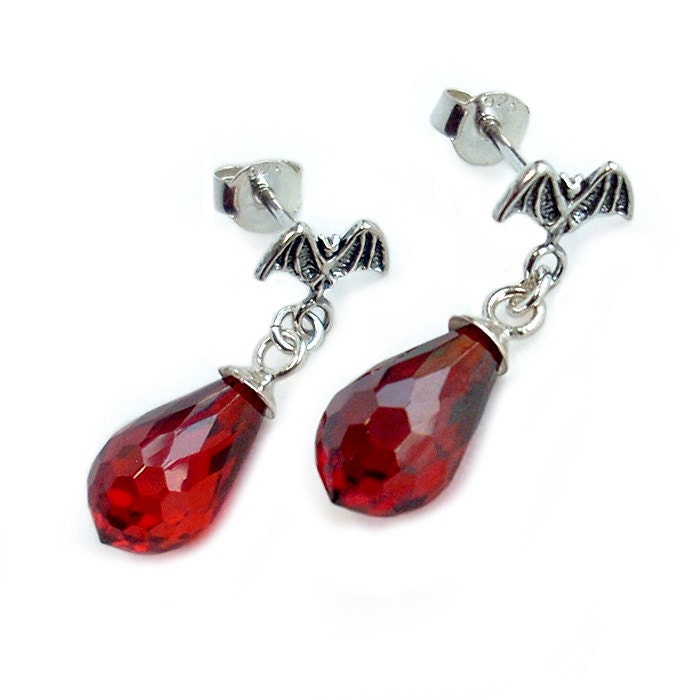 Vampire Bat Earrings: Sterling Silver and Cubic Zirconia Dangles - black and red, gothic, halloween costume