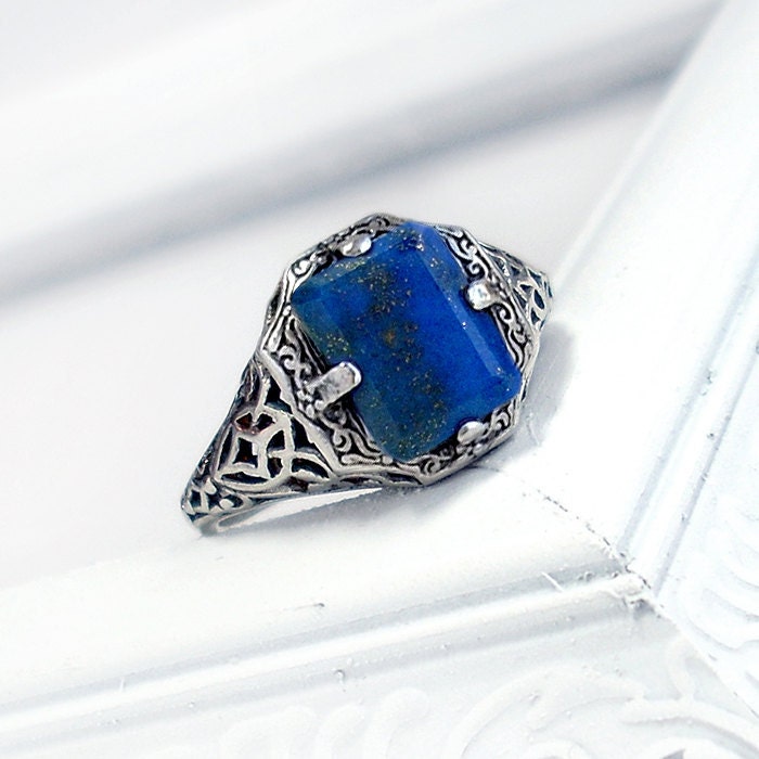 Caroline: Sterling Silver and Lapis Lazuli ring - blue gem, antique, victorian, sunlight protection ring, Vampire Diaries, filigree design