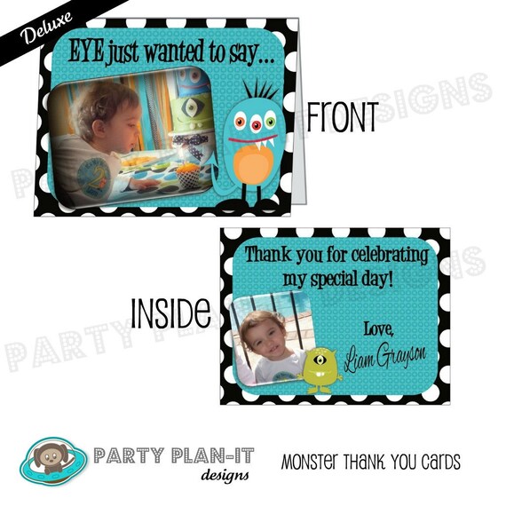 Set of 10 Monster Party Folded DELUXE Thank You Cards with Photo Il_570xn