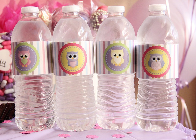 Set of 20 Water Bottle wrappers labels Owl Birthday Party