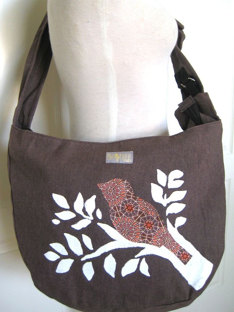 Heather Brown Sling MESSENGER BAG with Orange and Brown BIRD and White Branch