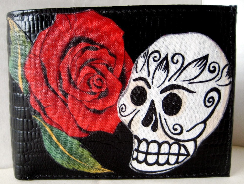 Black Leather WALLET Dia De Los Muertos DAY Of The DEAD Skull Rose