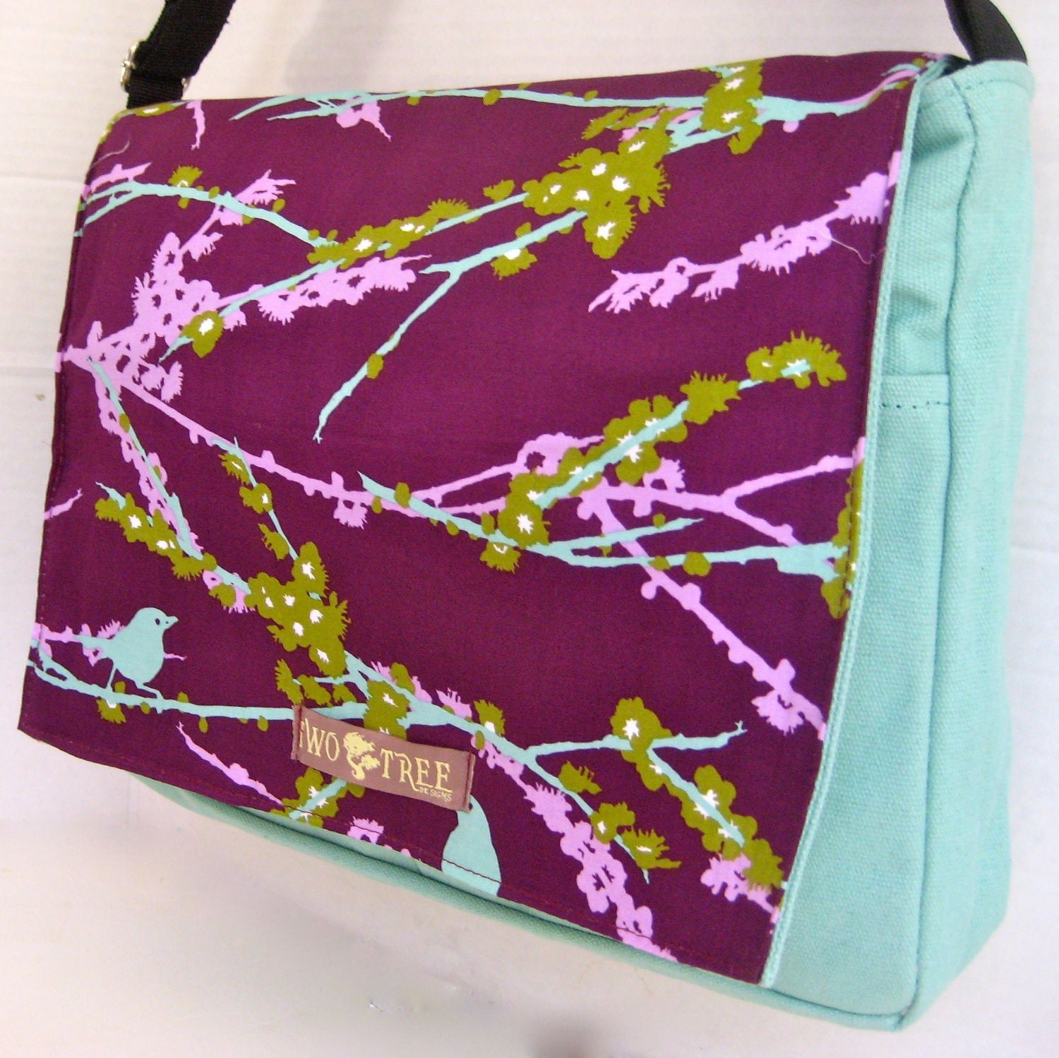 PURPLE and Mint Green Bird  MeSSENGER Book Laptop Diaper BAG