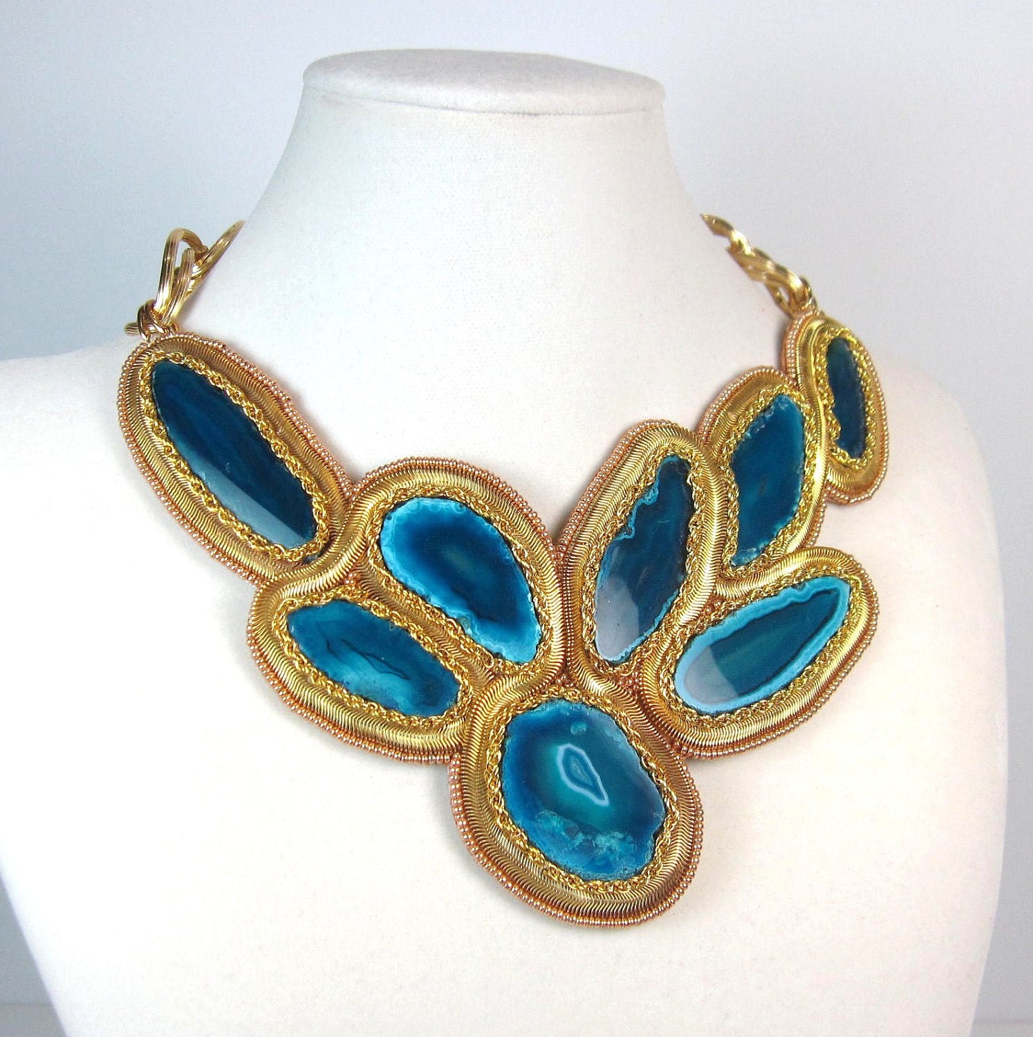 Statement Necklace blue green jewelry geode gold statement collar necklace