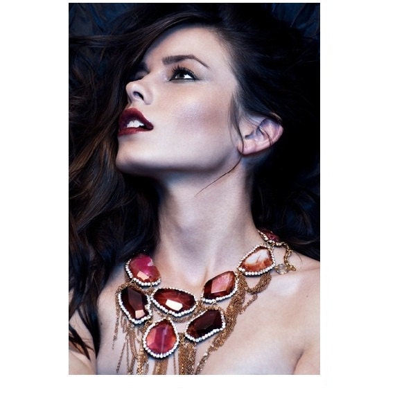 Reserved - Red agate and copper chains Waterfall statement necklace
