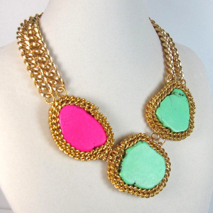 Statement necklace colorblock turquoise pink and green turquoise and gold chain statement necklace