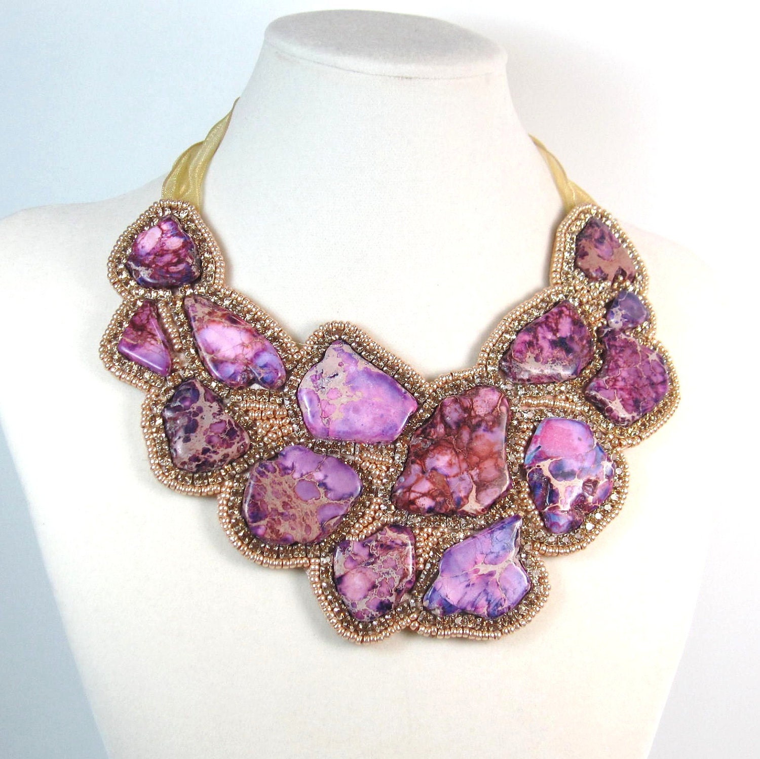 Statement Necklace Purple And Gold Turquoise Beaded Bib