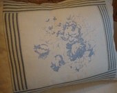 French Blue CaBBaGe RoSeS LIneN & TiCKinG Shabby Chic Cottage PILLOW
