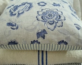 Cottage Pillow PaRiS FrencH 20" DOWN Linen Blue FloWerS Shabby Chic Ticking