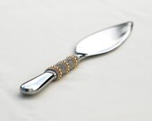 Modern Cake Server And Knife All In One Hand Beaded In Sterling Silver And Gold SWAROVSKI Pearls Grey And Yellow Wedding Idea