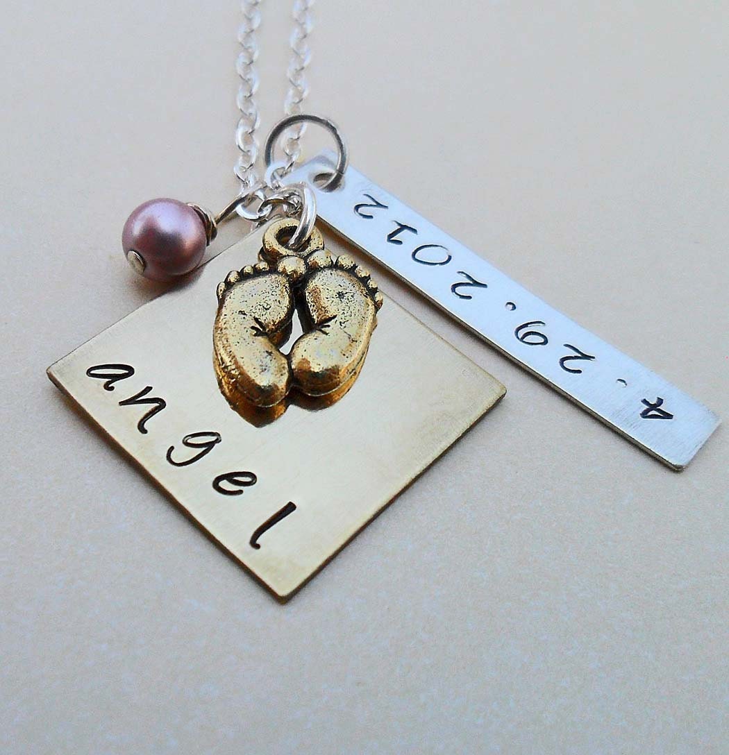 Personalized New Mom - New Baby Hand-Stamped Necklace- Custom Name Necklace - Silver Brass - S 78