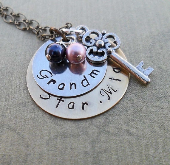 Hand Stamped Grandma Necklace - 2 Names with Birthstones and Key  - Custom Necklace - S 61