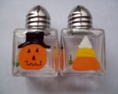Handpainted mini salt and pepper shakers  party favors  Halloween mix  ghost pumpkins rip candy corn