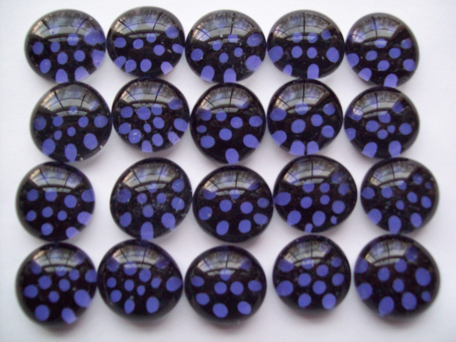 Hand painted Glass Gems Mosaic Tile  purple polka dots on black