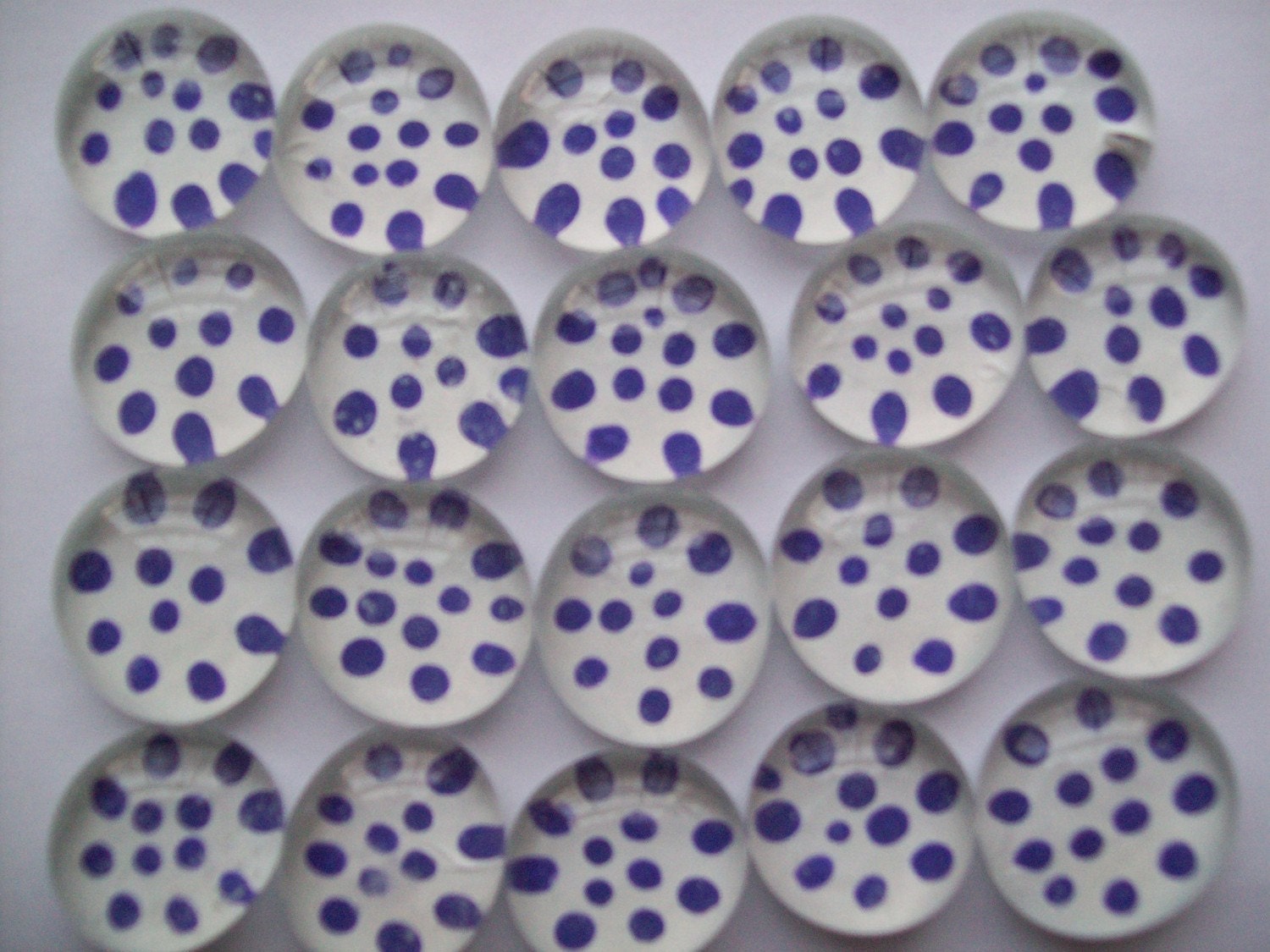 Hand painted Glass Gems Mosaic Tile  purple polka dots on white