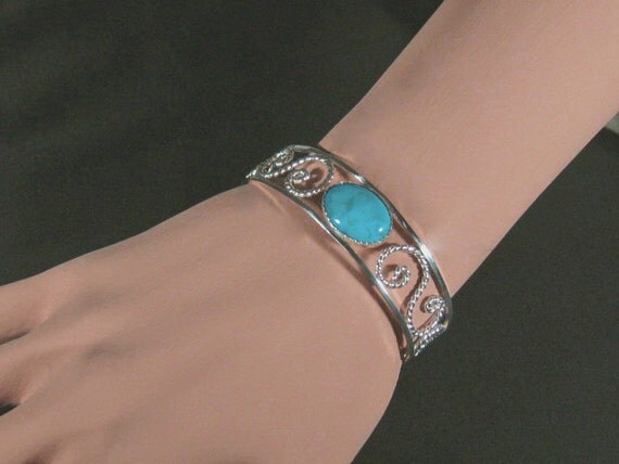 Sterling silver filigree cuff bracelet with turquoise stone ,statement
