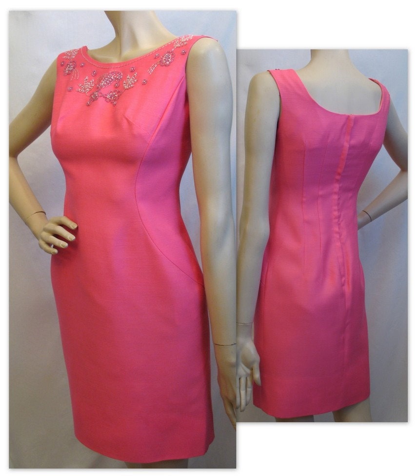 Vintage 60s Hot Pink Cocktail Dress S Beaded Detail
