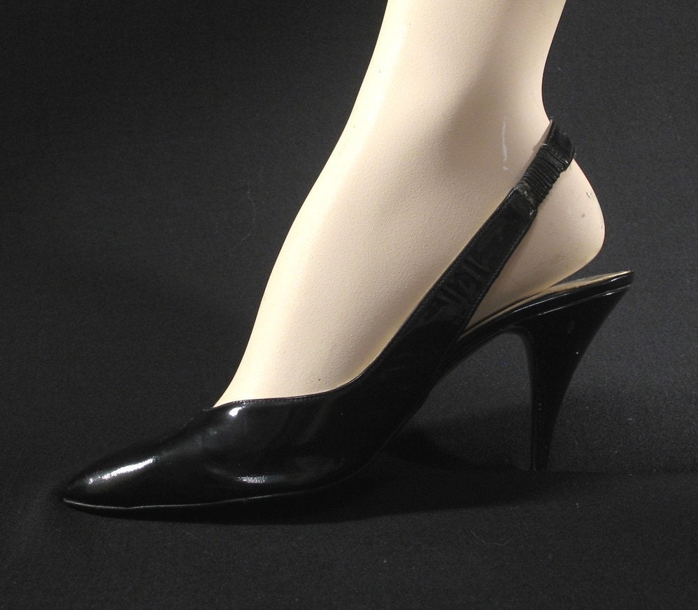 ON HOLD Vintage Disco Shoes / 70s Watch Strap Slingbacks / 7.5 M (B) / Black High Heels