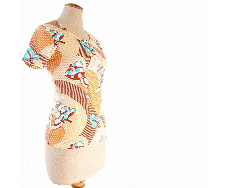 Vintage T-Shirt Tee Hat Umbrella Deco Aqua Orange Pop Art Patchwork - mysweetiepiepie Vintage T-Shirt Tee Hat Umbrella Deco Aqua Orange Pop Art Patchwork - mysweetiepiepie