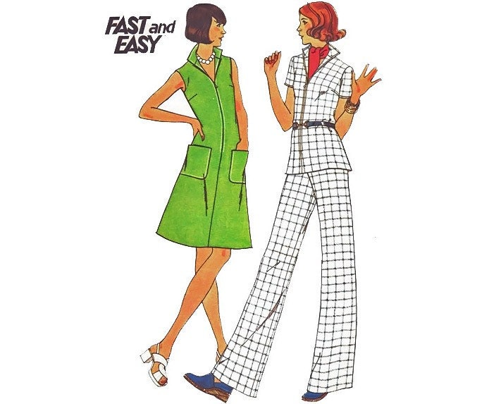 Vintage Sewing Pattern 70s A Line Zip Front Dress Tunic Blouse Pants