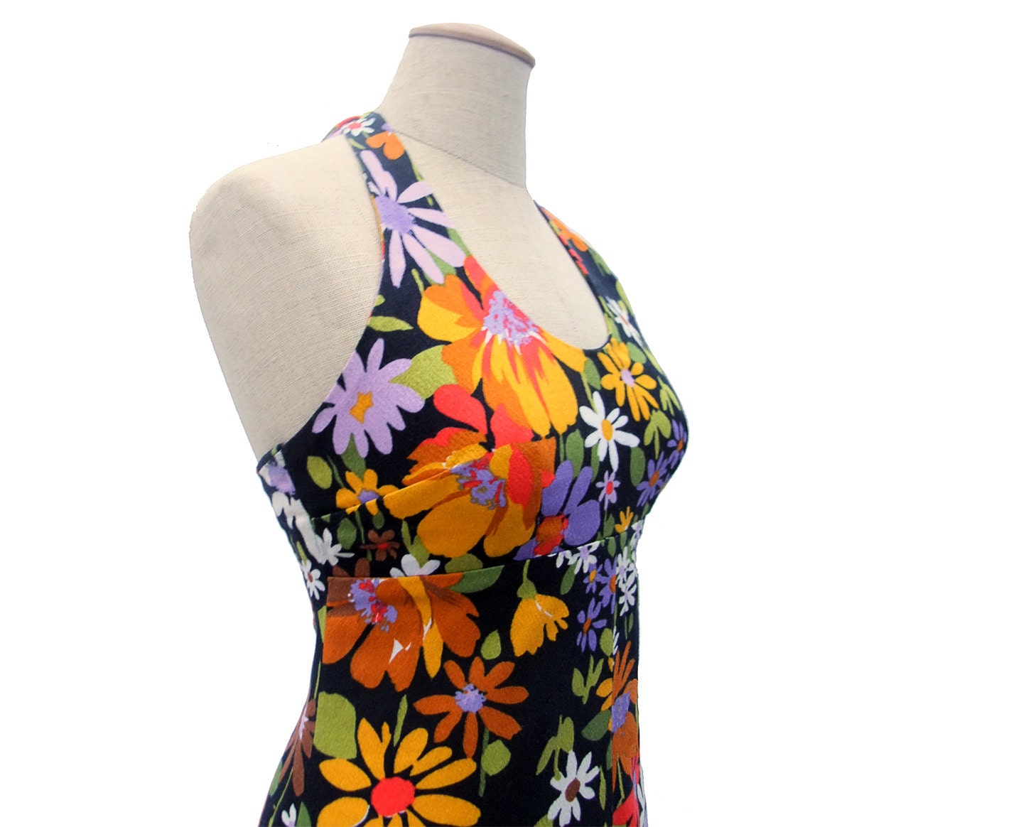 1970s Vintage Maxi Dress Halter Black Floral Barkcloth Extra Small XS