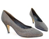 Vintage Shoes Gray Woven Leather 80s High Heel Pumps Calico Brazil 6