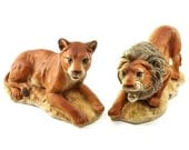 Vintage 50s Ceramic Lion Figurines Pair Male Female Hand Painted Japan