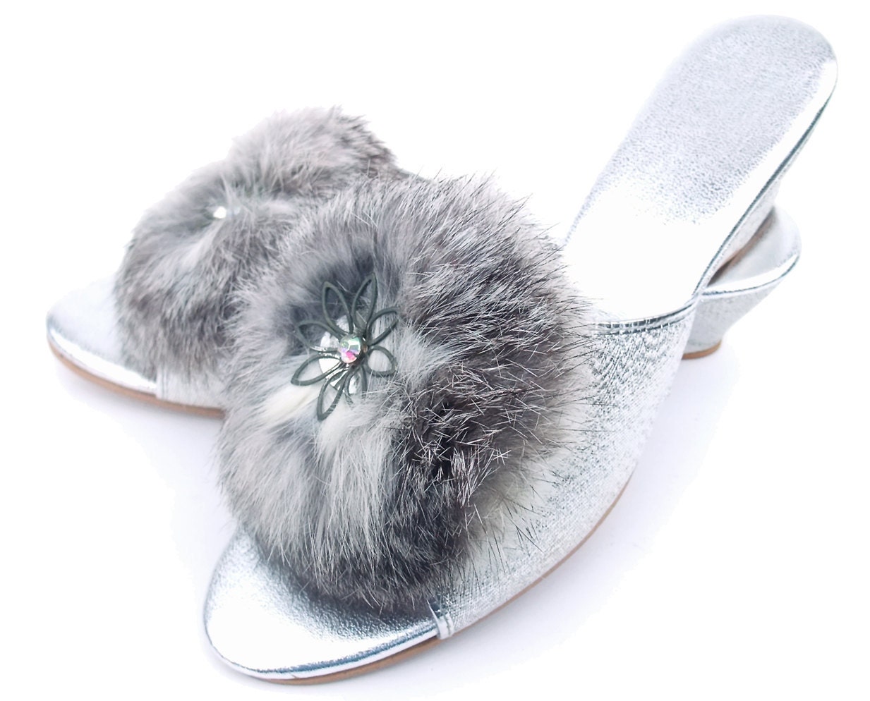 Vintage Shoes Silver Slippers Rabbit Fur Rhinestone 60s Evening Unworn