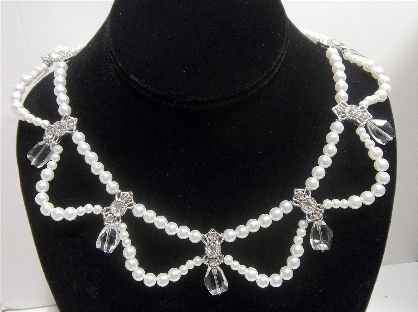 Scalloped pearl, crystal and rhinestone necklace set bridal or quinceanera