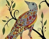 Crow of Many Colors, fine art print, bird, tree, mixed media, whimsical