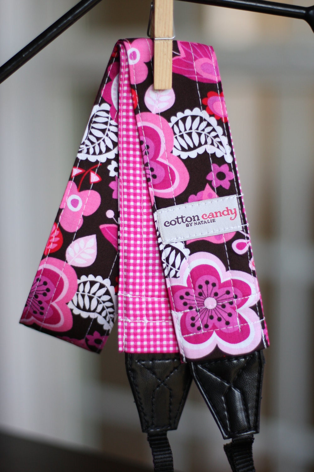 Pink Berry and Gingham Reversible Camera Strap