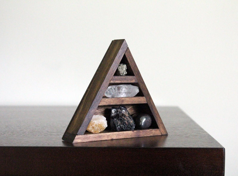 RESERVED - Stone Set and Triangle Wood Curio Shelf - Crystal Mineral Set Number 13